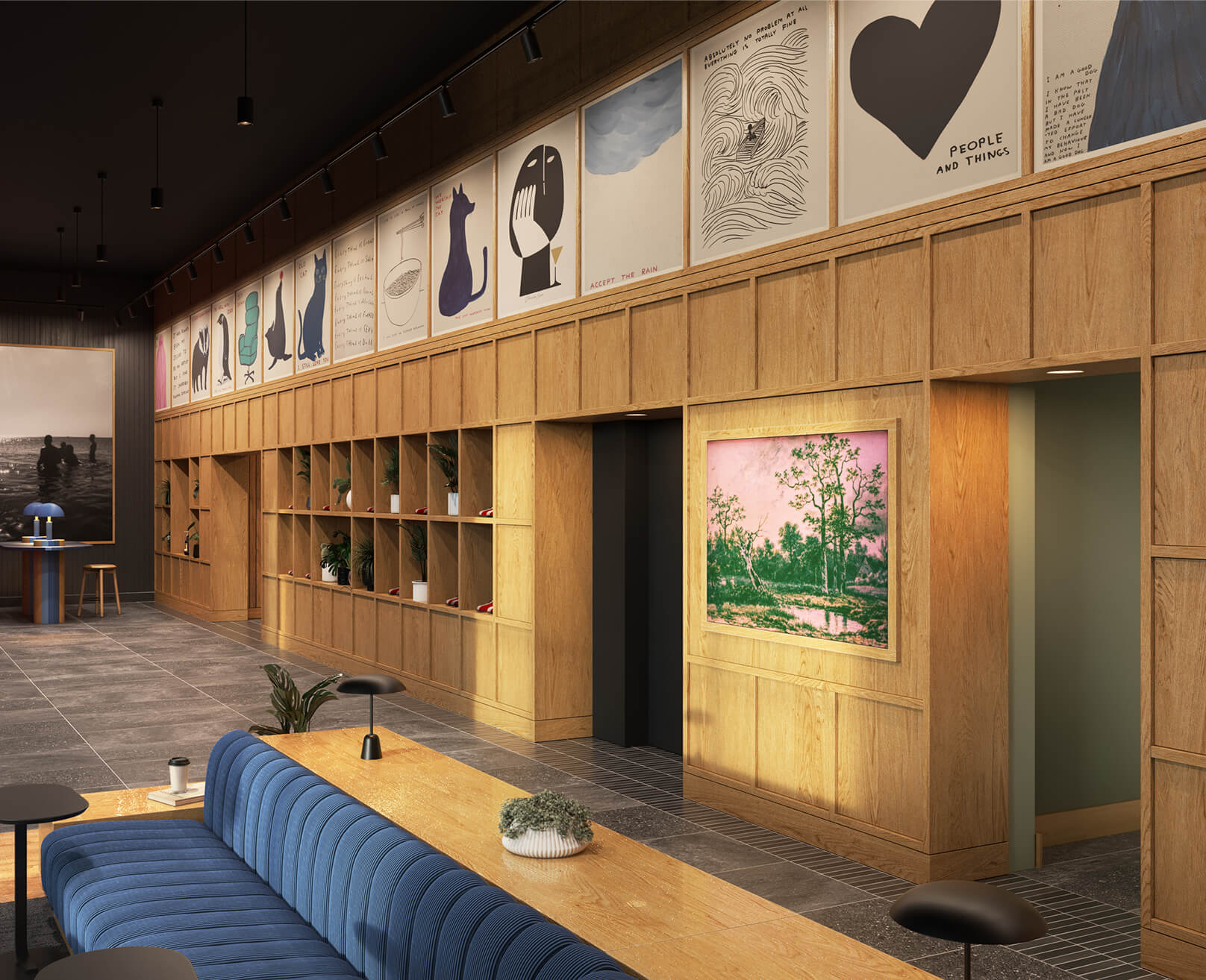 decorated community lounge space
