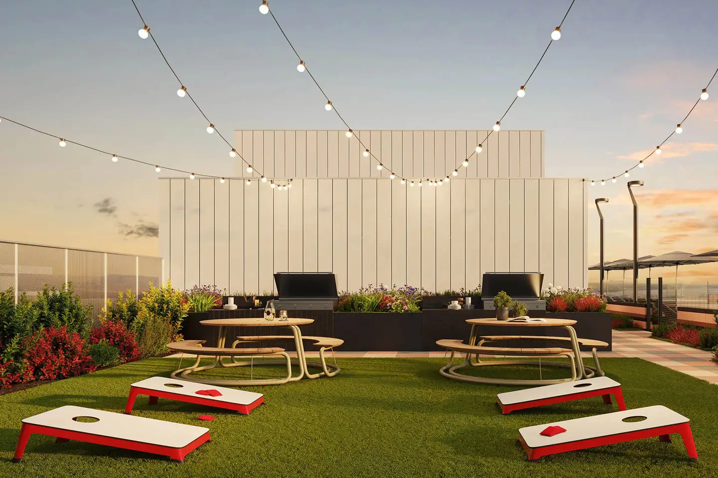 outdoor courtyard with cornhole
